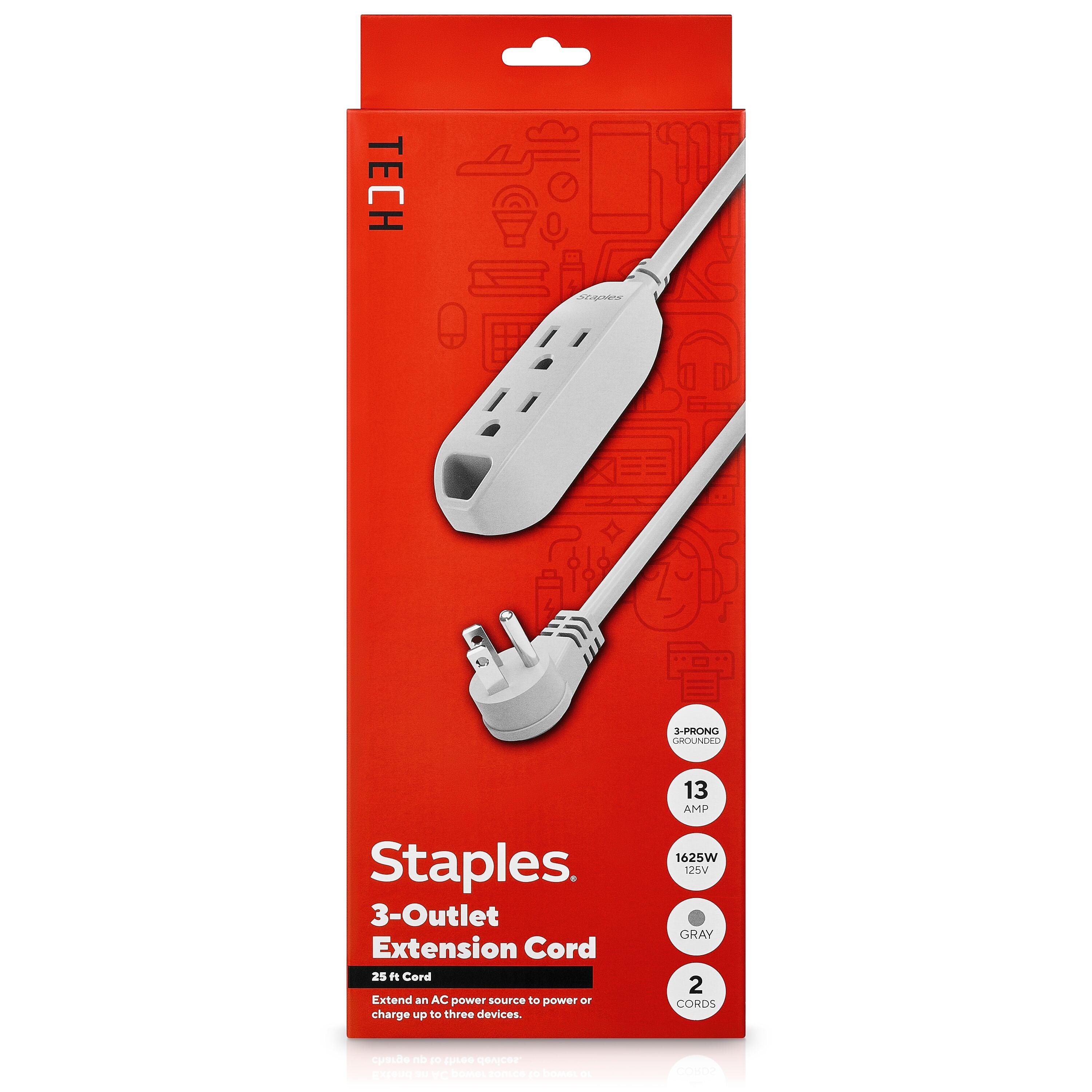 Staples TECH 25' Extension Cord, 3-Outlet, 16 AWG, Gray (ST22129-CC)
