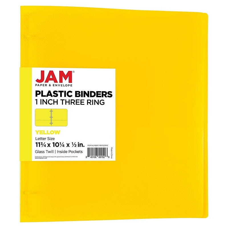 JAM Paper 1" 3-Ring Flexible Poly Binder, Yellow (PB75239YE)