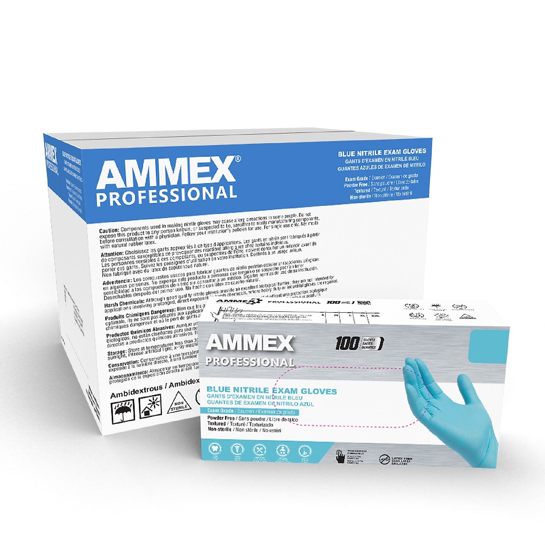 Ammex Professional Series Powder Free Nitrile Exam Gloves, Latex Free, XL, Blue, 100/Box, 10/Carton (APFN48100-CC)