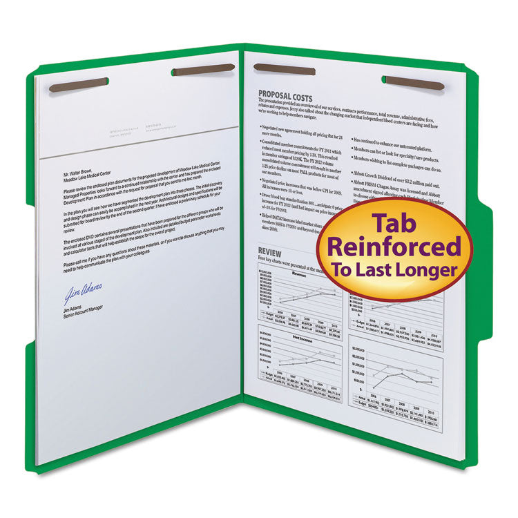 Top Tab Colored Fastener Folders, 0.75" Expansion, 2 Fasteners, Letter Size, Green Exterior, 50/Box