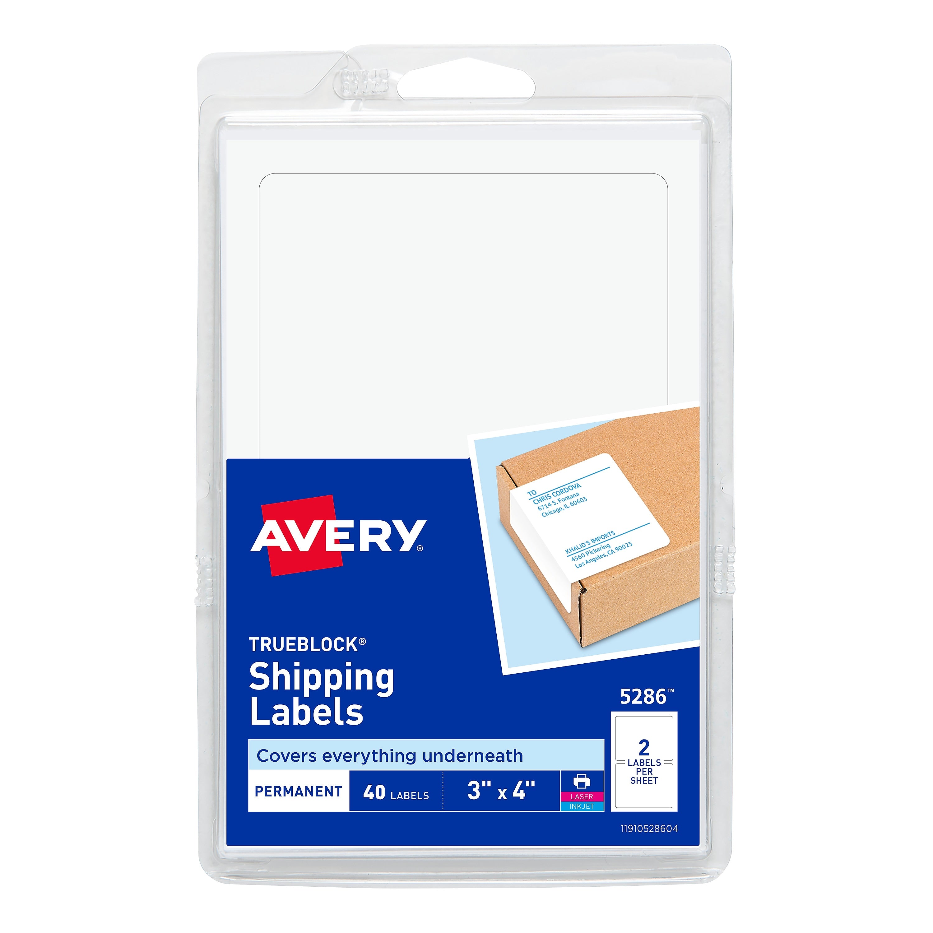 Avery TrueBlock Laser/Inkjet Shipping Labels, 3" x 4", White, 40 Labels/Pack (5286)
