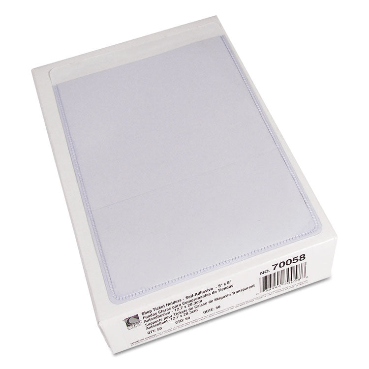 Self-Adhesive Poly Shop Ticket Holders, Super Heavy-Duty, Top Load 5 x 8 Insert, Clear Front, 50/Box