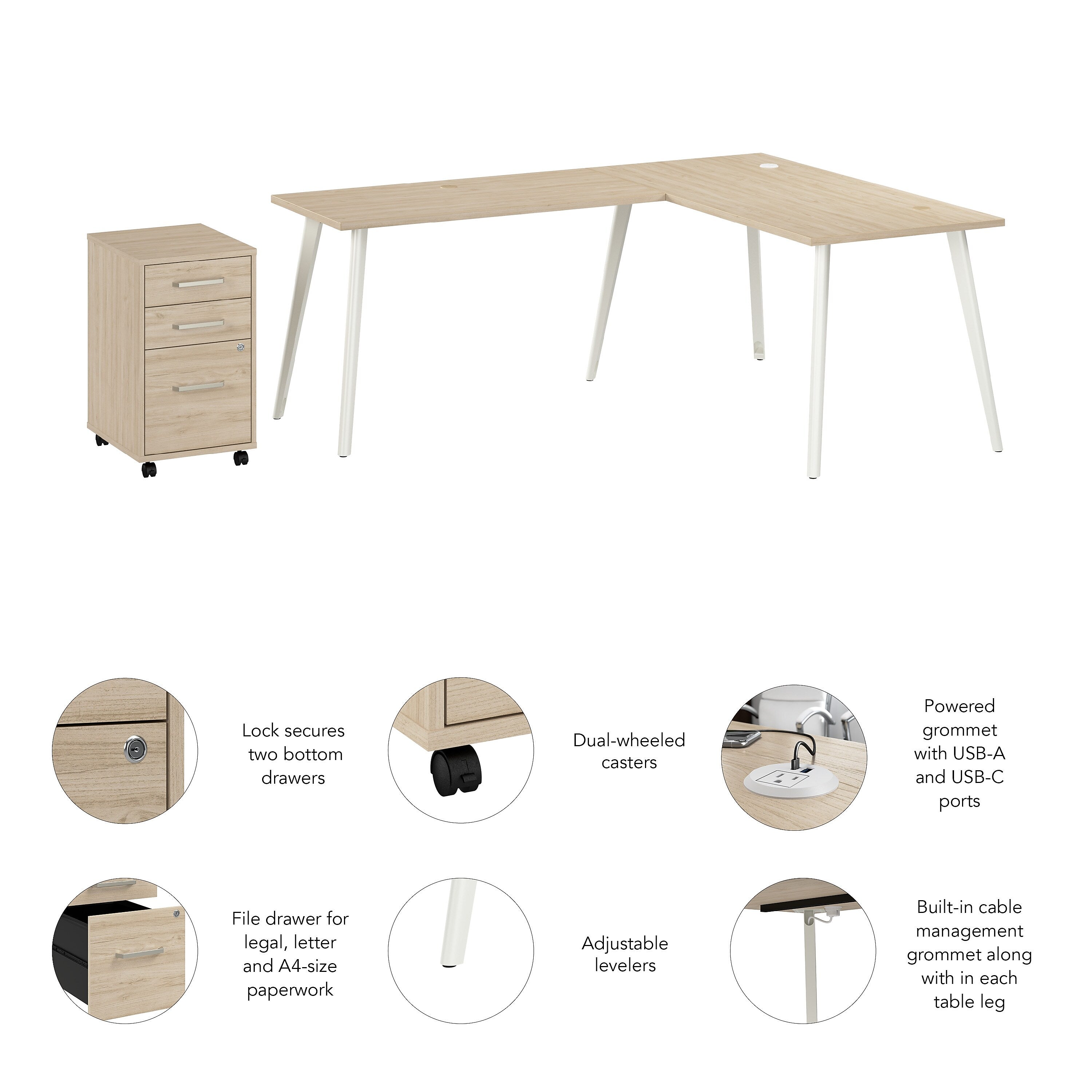 Bush Business Furniture Vista 60"W L Shaped Desk with Mobile File Cabinet, Natural Elm (VST008NESU)