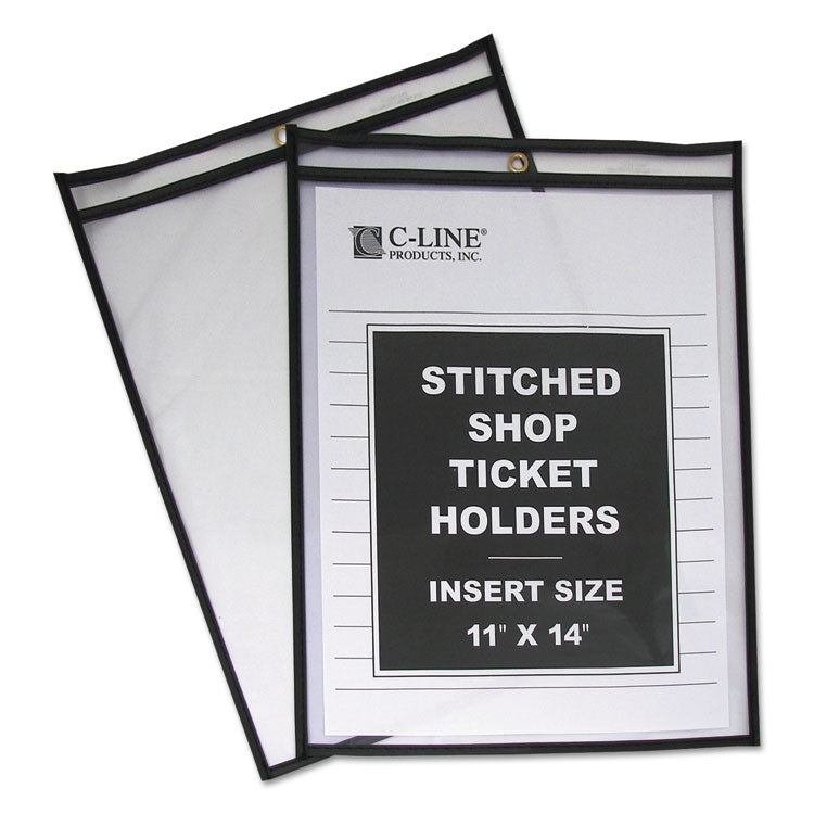 Stitched Shop Ticket Holders, Super Heavy-Duty, Top Load 11 x 14 Insert, Clear Front, Black Border, 25/Box