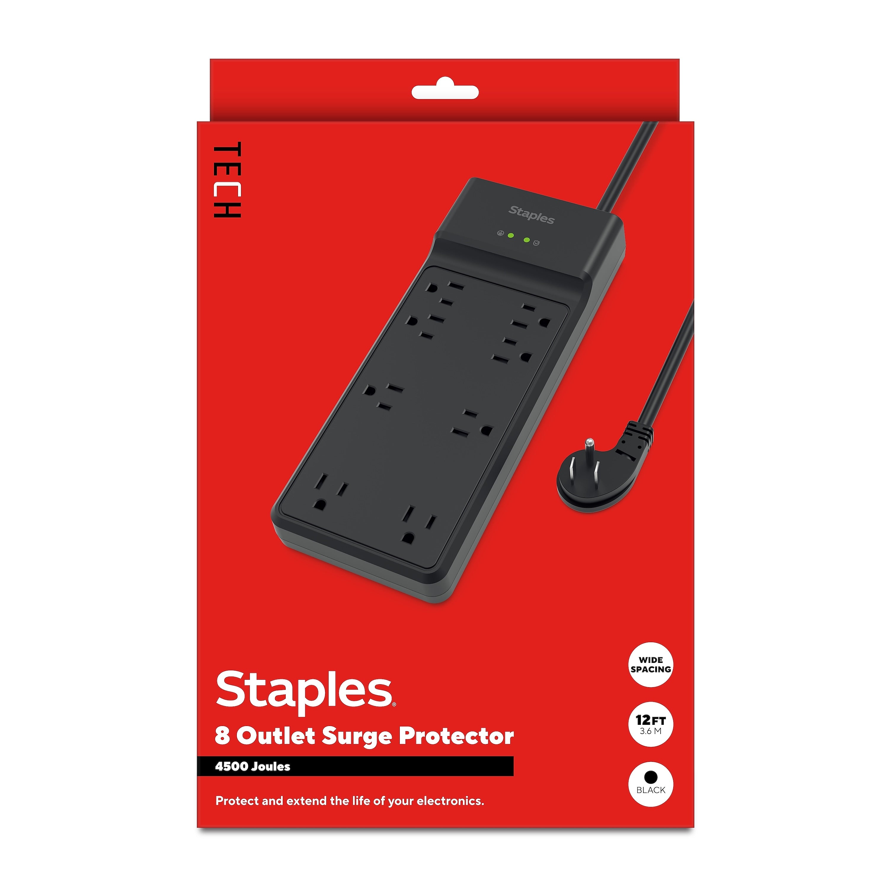 Staples TECH 8-Outlet Surge Protector, 12', 4500 Joules, Black (ST62782)