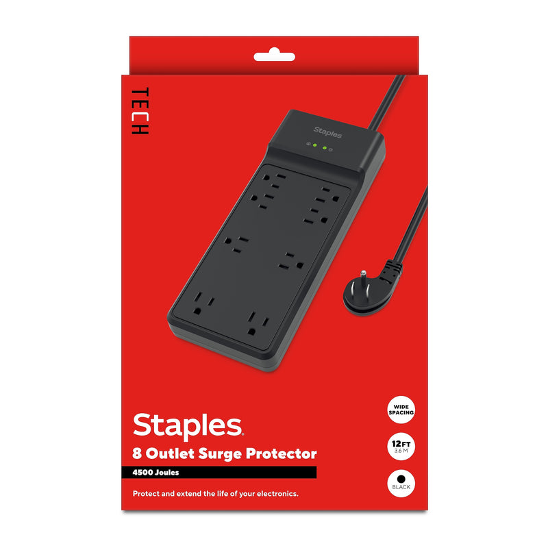 Staples TECH 8-Outlet Surge Protector, 12', 4500 Joules, Black (ST62782)