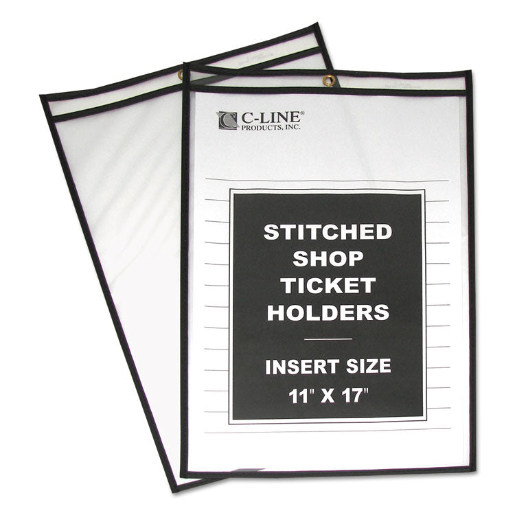 Stitched Shop Ticket Holders, Super Heavy-Duty, Top Load 11 x 17 Insert, Clear Front, Black Border, 25/Box