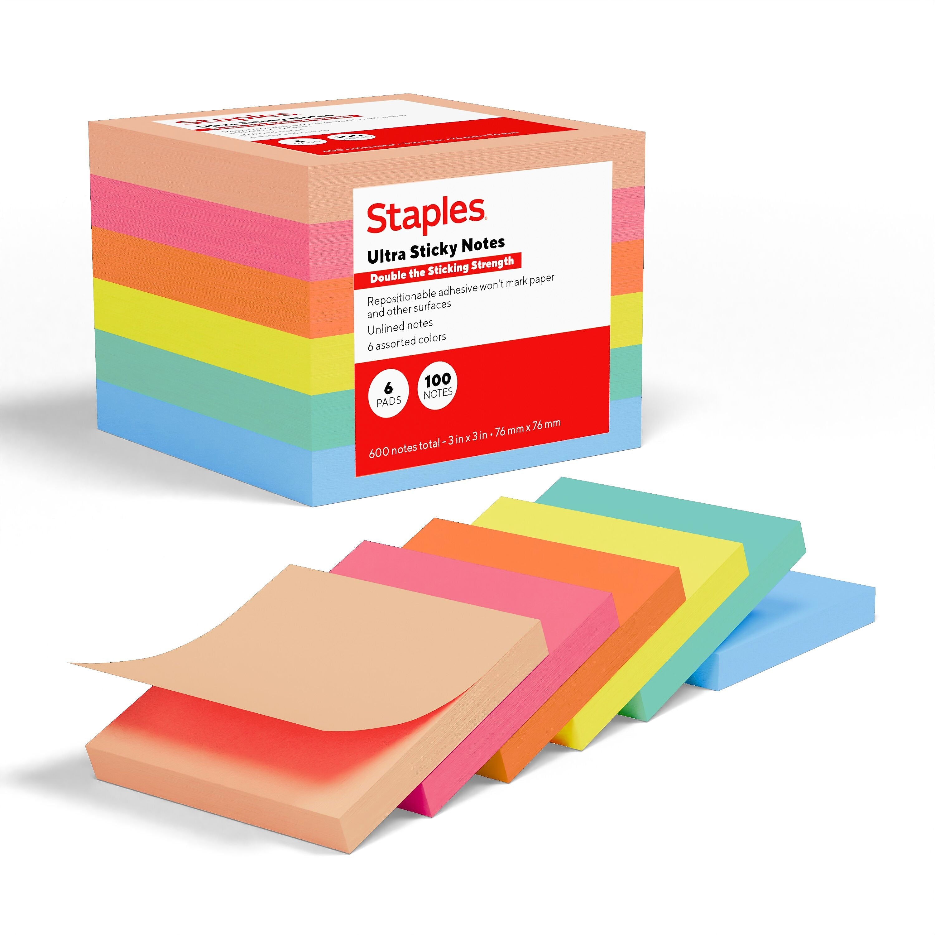 Staples Ultra Sticky Notes, 3" x 3", Golden Hour Collection, 100 Sheets/Pad, 6 Pads/Pack (ST62886)