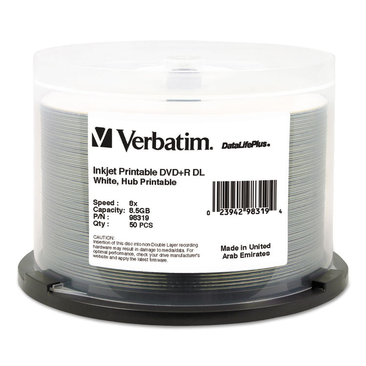 Dvd+r Dual Layer Printable Recordable Disc, 8.5 Gb, 8x, Spindle, White, 50/pack