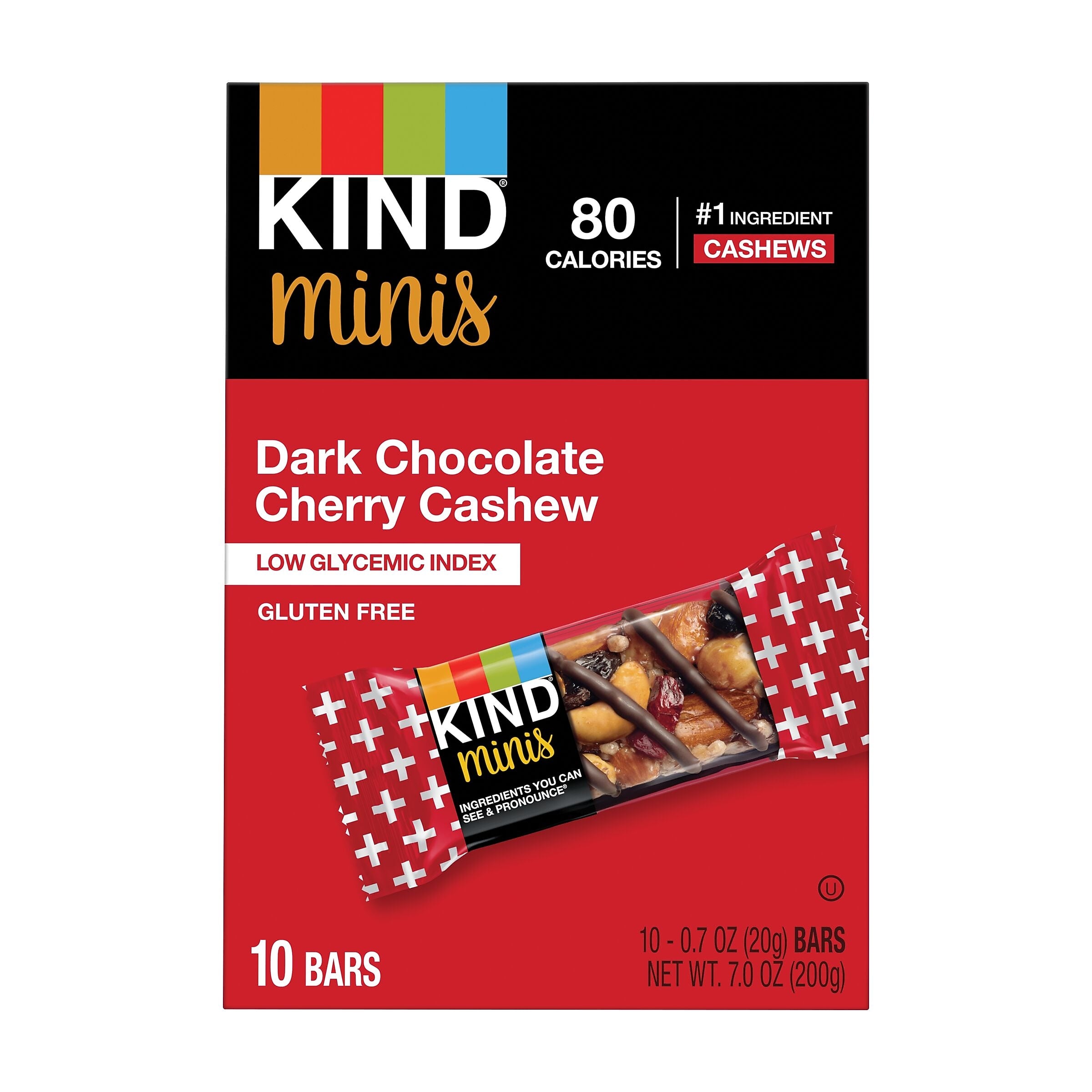 KIND Minis Gluten Free Dark Chocolate Cherry Cashew Nut Bar, 0.7 oz., 10 Bars/Box (KND27962)