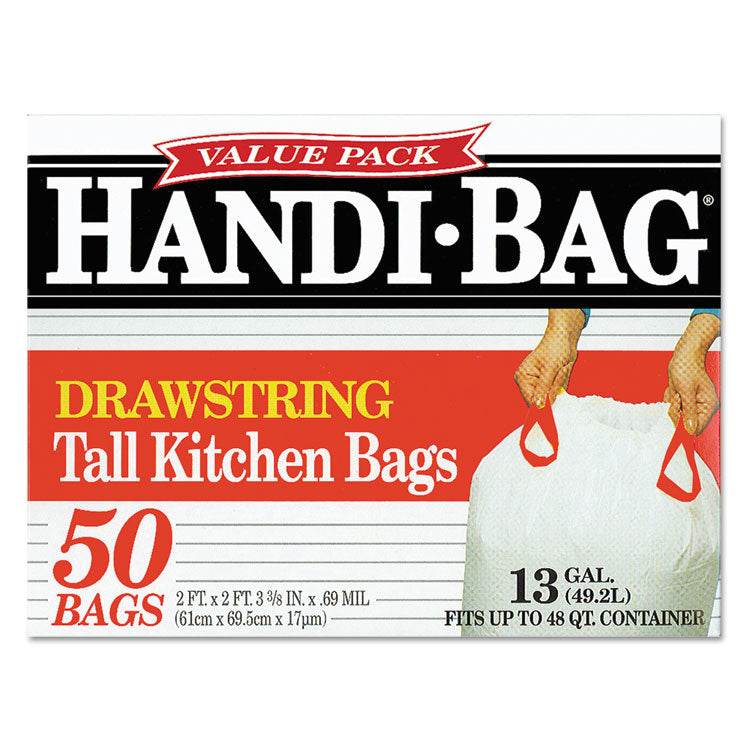 Drawstring Kitchen Bags, 13 gal, 24" x 27.4", White, 50 Bags/Box, 6 Boxes/Carton