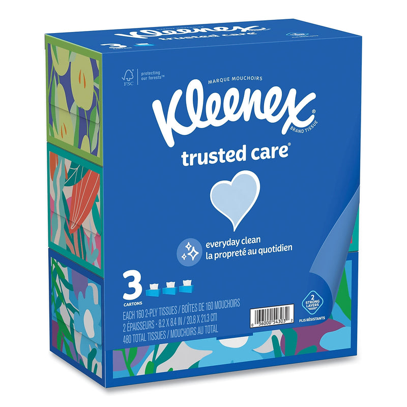 Kleenex Trusted Care Facial Tissue, 2-Ply, 160 Tissues/Box, 3 Boxes/Pack, 12 Packs/Carton (54303)
