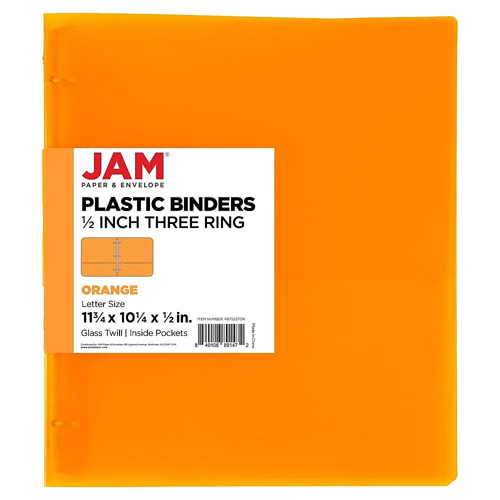 JAM Paper 1/2" 3-Ring Flexible Poly Binder, Orange (PB75237OR)