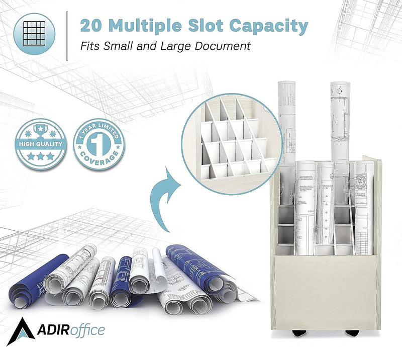 AdirOffice 20-Slot Mobile Roll File, 24.75"H x 15.25"W x 13.25"D, White (624-WHI-KIT1)