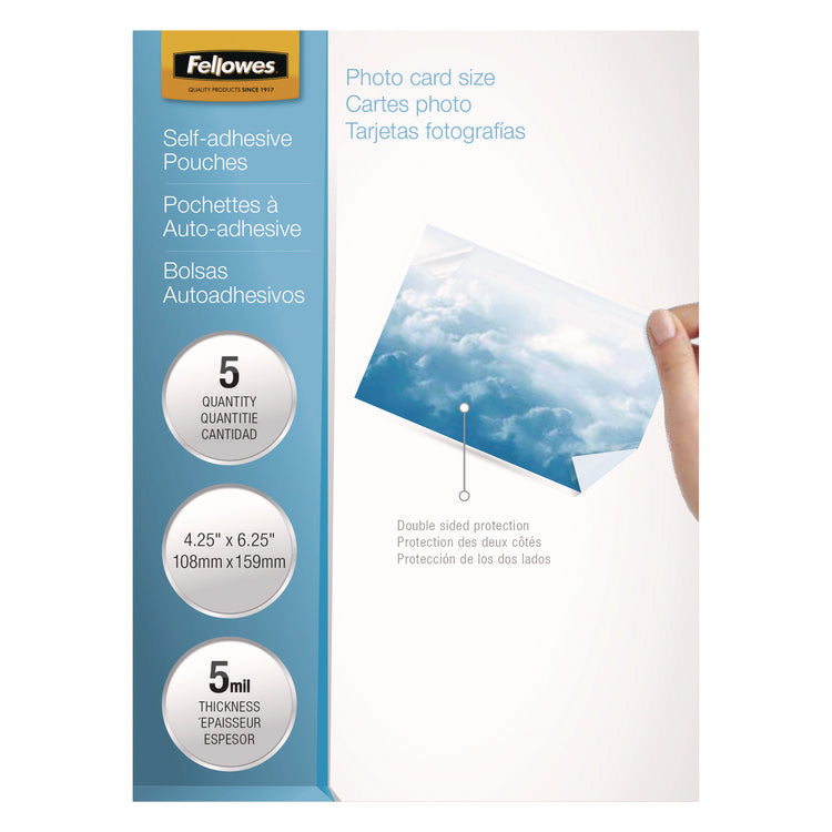 Self-Adhesive Laminating Pouches, 5 Mil, 4.25" X 6.25", Gloss Clear, 5/pack