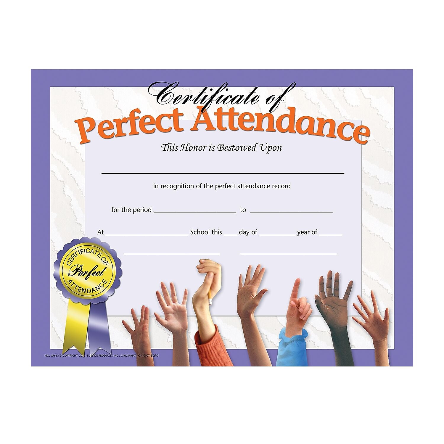 Flipside Certificate of Perfect Attendance, 8.5" x 11", Multicolor, 30/Pack, 5 Packs/Carton (VA613-5)