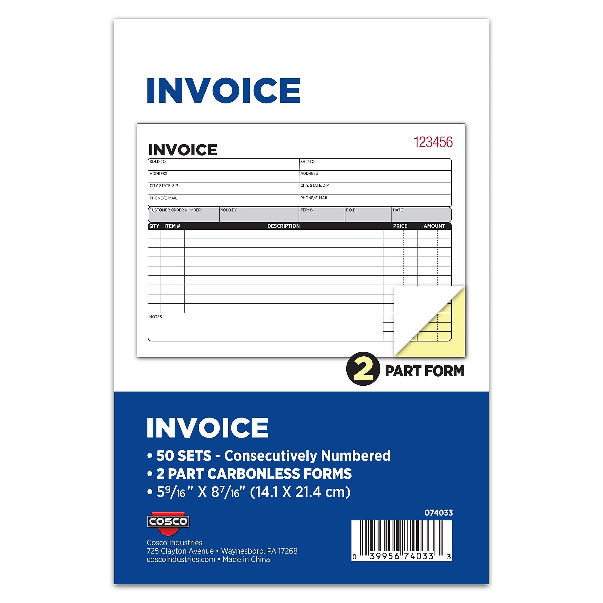 Cosco 2-Part Carbonless Invoices, 5.56" x 8.44", 50 Sets/Book, 5/Pack (074033PK5)