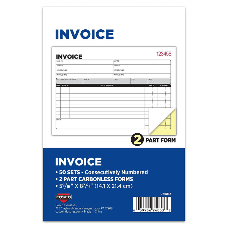 Cosco 2-Part Carbonless Invoices, 5.56" x 8.44", 50 Sets/Book, 5/Pack (074033PK5)