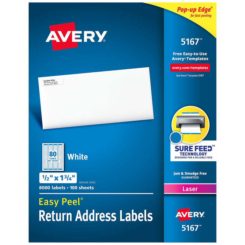Avery Easy Peel Laser Return Address Labels, 1/2" x 1-3/4", White, 8,000 Labels/Pack (5167)
