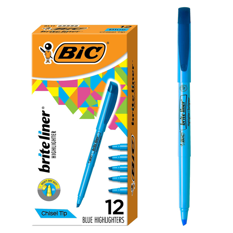 BIC Brite Liner Stick Highlighter, Chisel Tip, Blue, 12/Pack (65552/BL11BE)