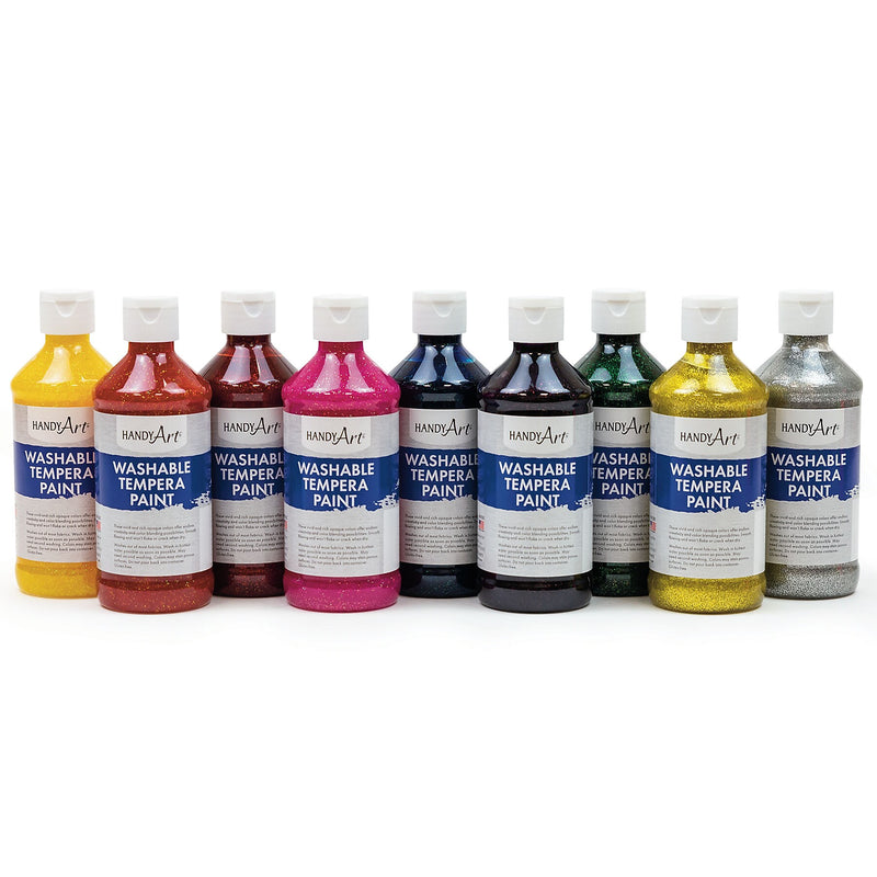Handy Art Washable Glitter Tempera Paint, Assorted Colors, 8 oz., 9/Set (RPC887286)