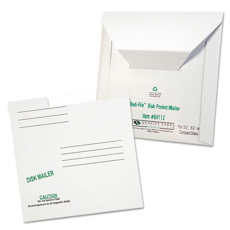 Redi-File Disk Pocket/Mailer for CDs/DVDs, Square Flap, Tuck-Tab Closure, 6 x 5.88, White, 10/Pack