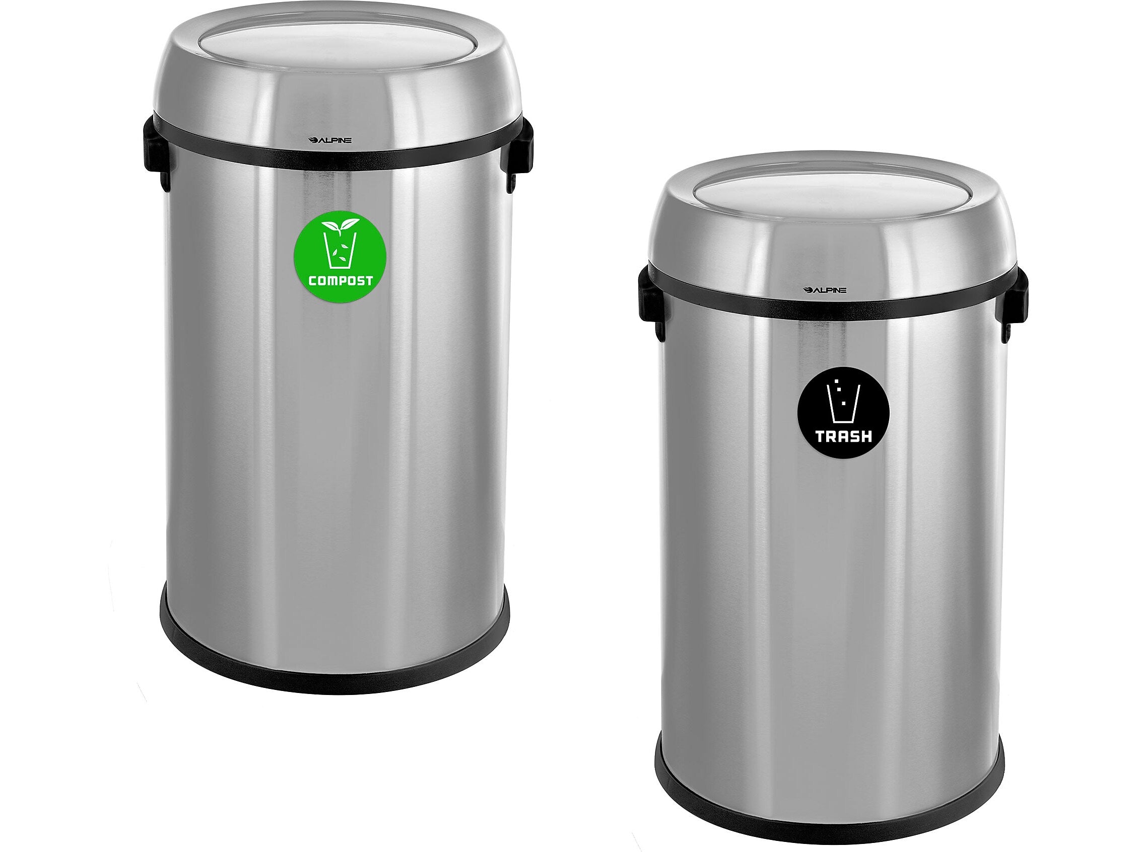 Alpine Industries Stainless Steel Indoor Compost and Trash Can with Swivel Lid, 34 Gallon, Silver, 2/Pack (ALP470-65L-1-CO-T)