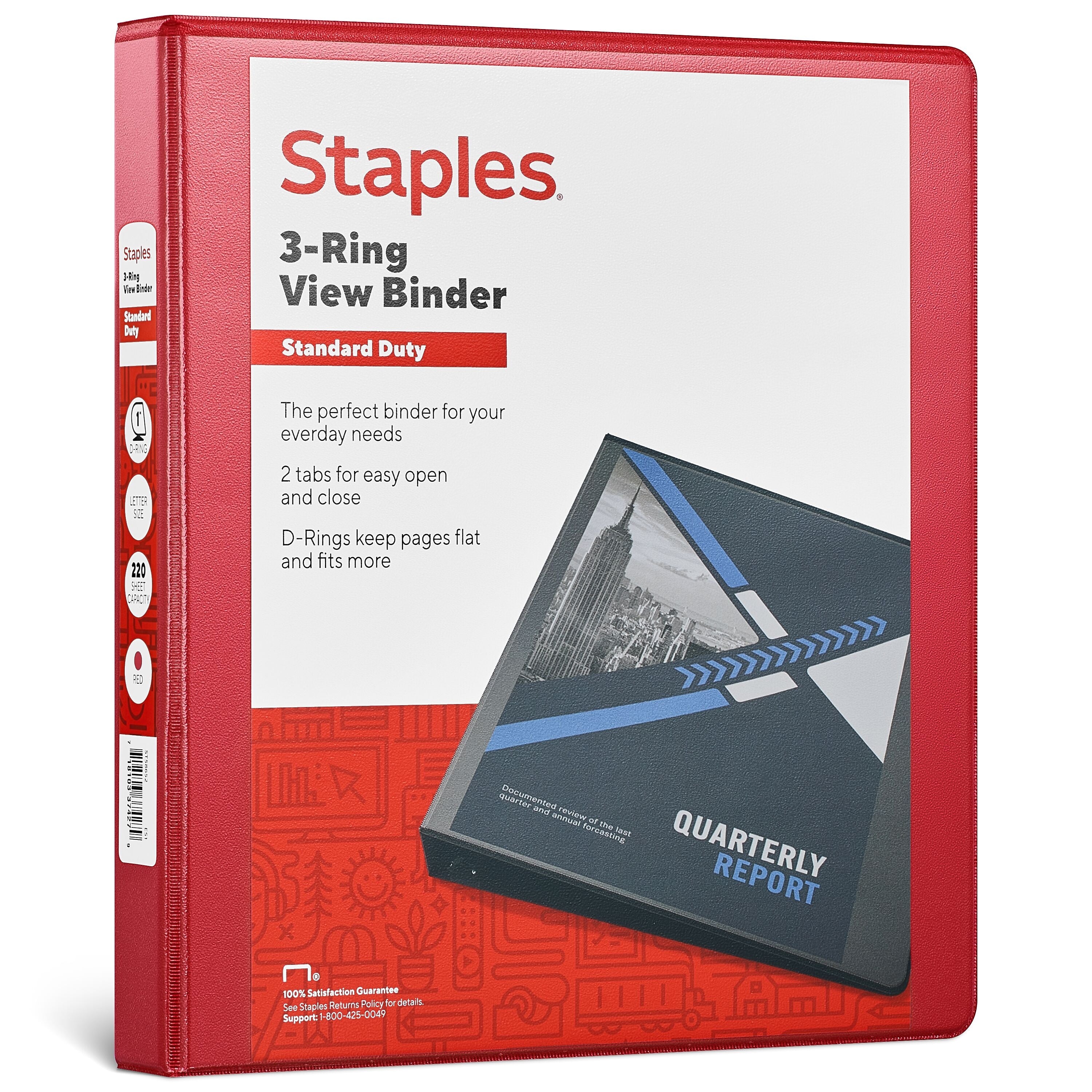 Staples 1" 3-Ring View Binders, D-Ring, Red (58652)
