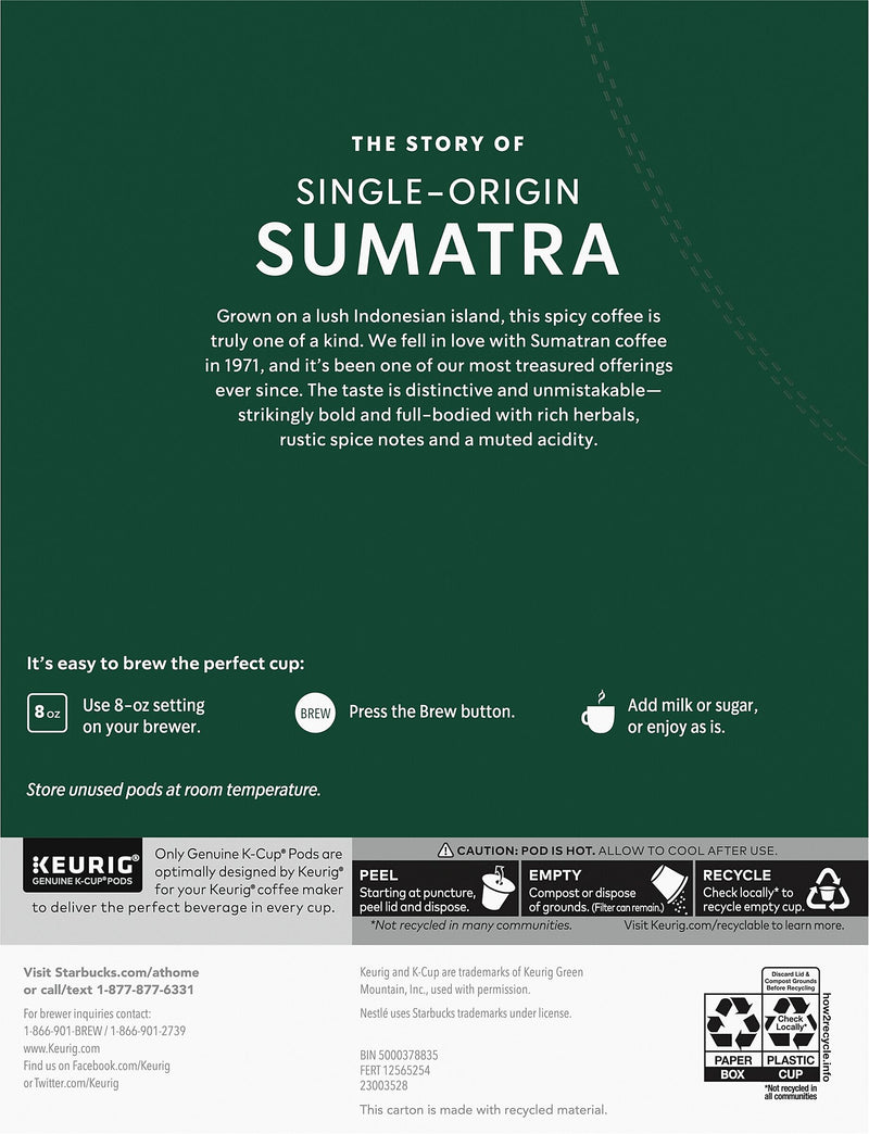 Starbucks Sumatra Coffee Keurig® K-Cup® Pods, Dark Roast, 24/Box (SBK22964)