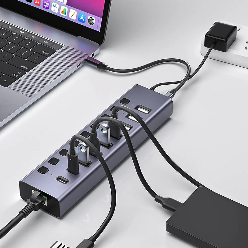 4XEM 10-Port USB 3.0 Hub with Gigabit Ethernet, Gray (4XHBC006)