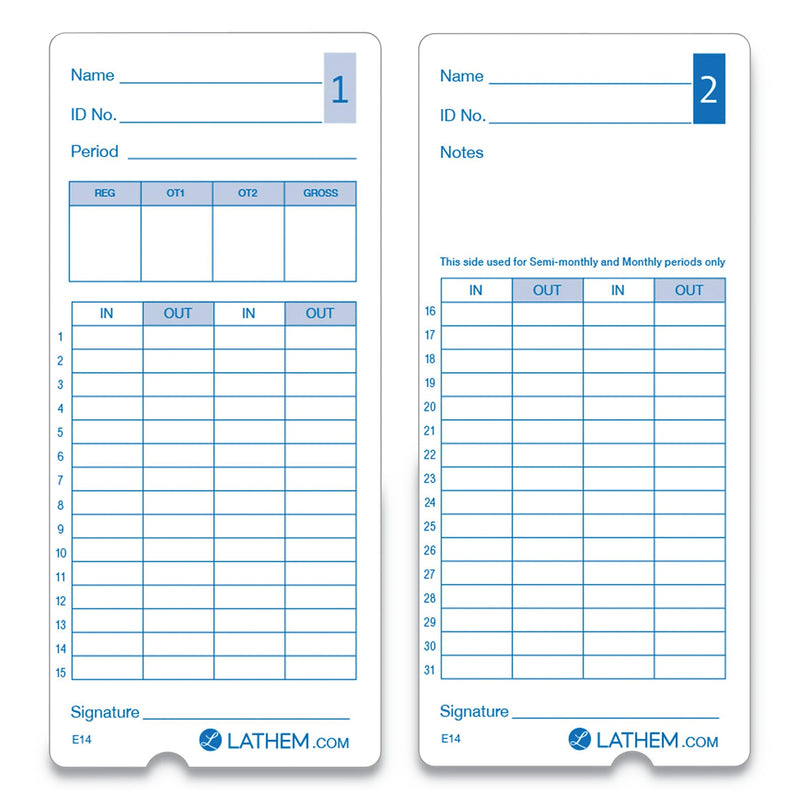 Lathem Time Time Clock Cards for Lathem Time 400E, Two Sides, 3 x 7, 100/Pack