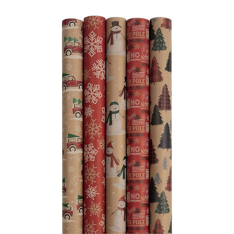 JAM Paper Christmas Wrapping Paper, 25 Sq. ft. x 30", Kids Kraft Christmas Set, 5 Rolls/Pack (165K5KRKID)