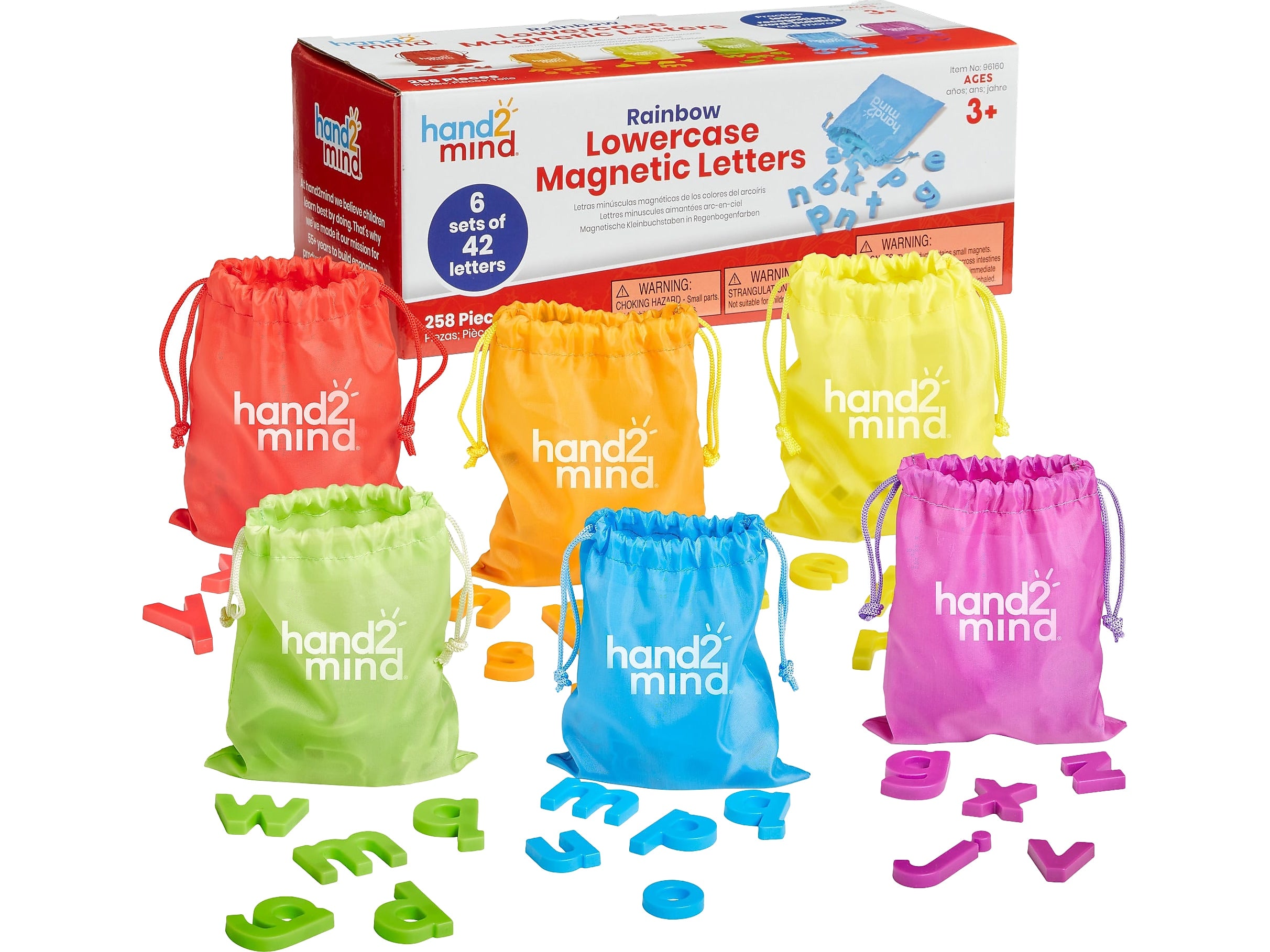 hand2mind Rainbow Lowercase Magnetic Letters, 42/Set, 6 Sets/Pack (96160)