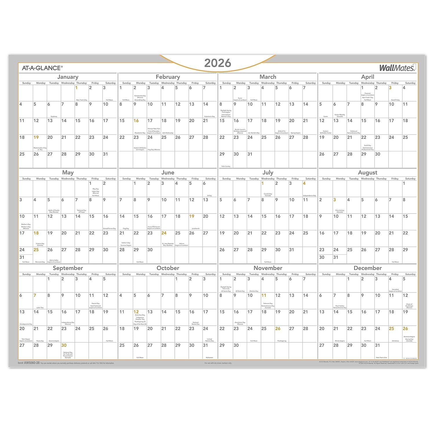 2026 AT-A-GLANCE WallMates 24" x 18" Yearly Dry-Erase Wall Calendar, White/Gray (AW5060-28-26)