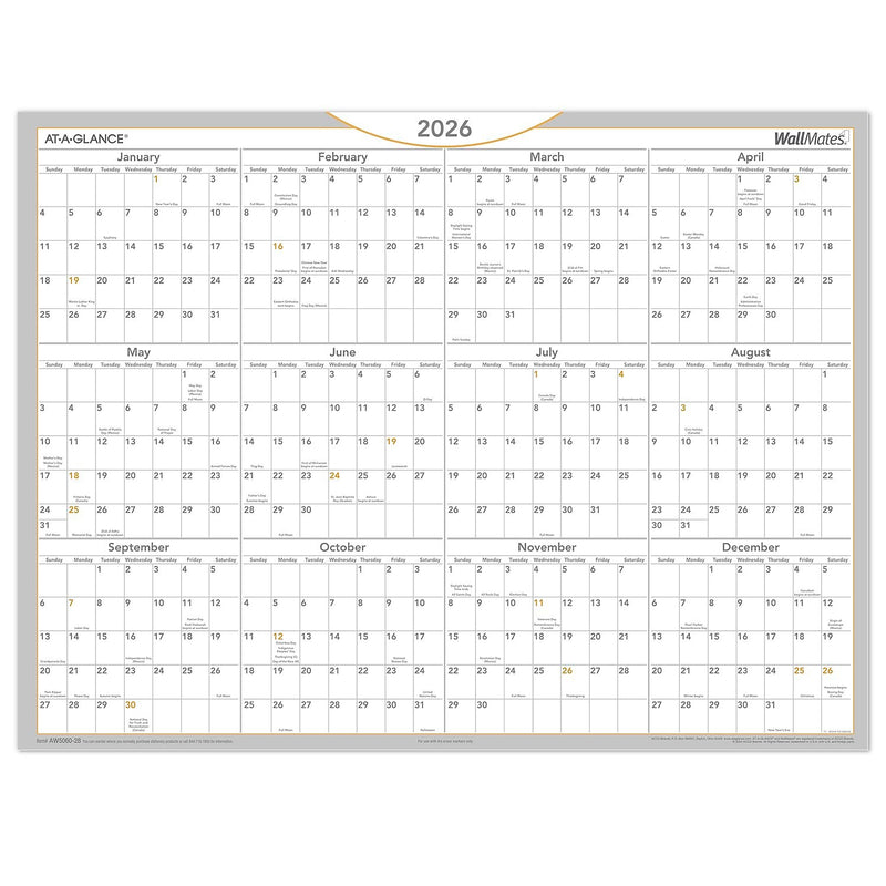 2026 AT-A-GLANCE WallMates 24" x 18" Yearly Dry-Erase Wall Calendar, White/Gray (AW5060-28-26)