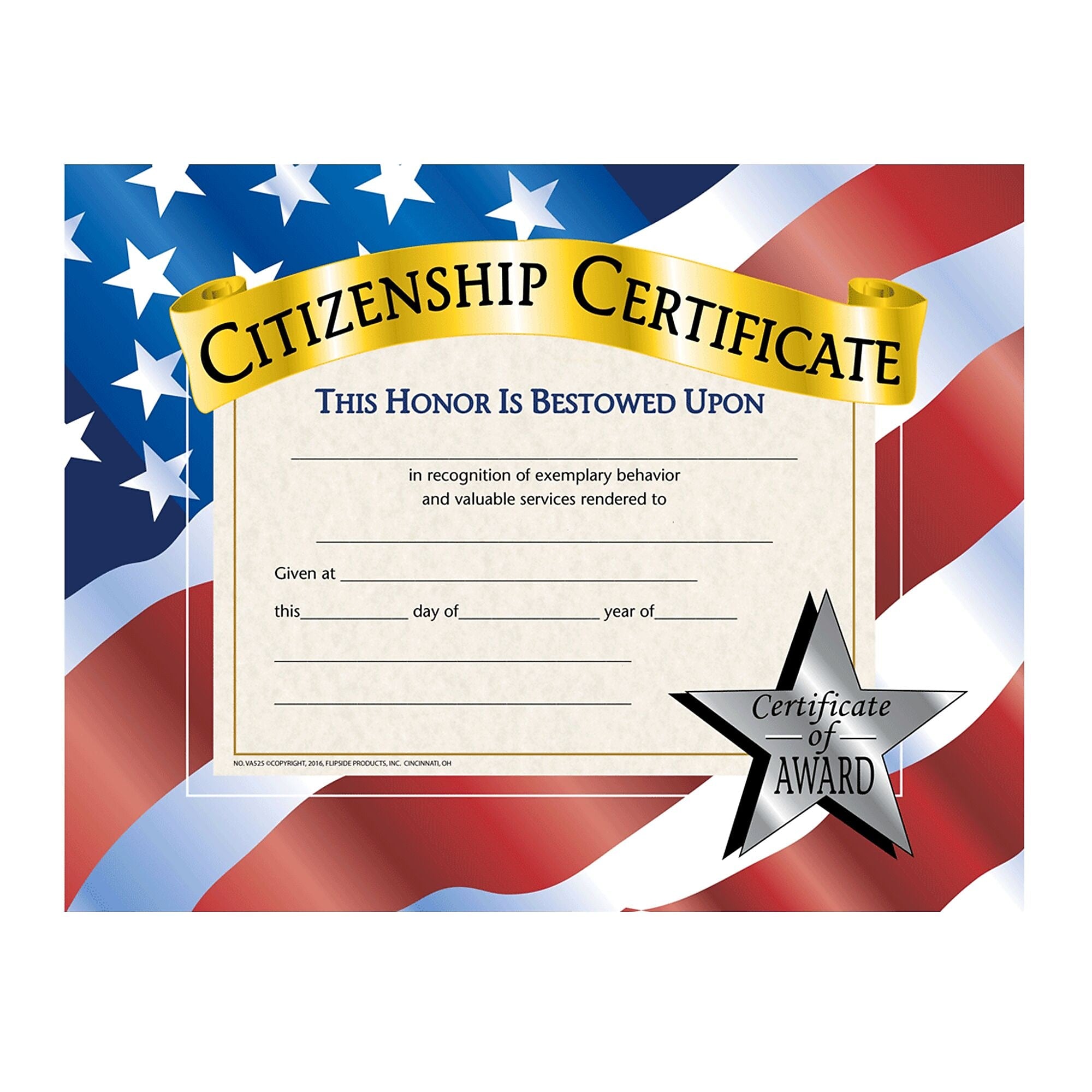 Hayes Citizenship Certificate, 8.5" x 11", 30 Certificates (H-VA525)