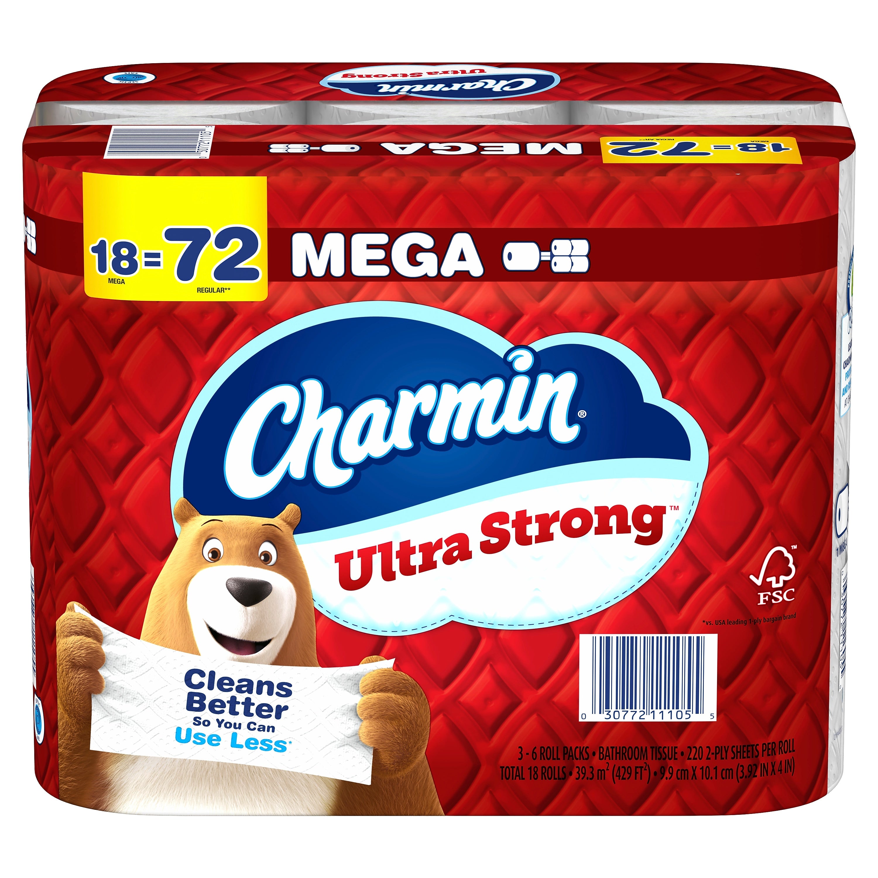 Charmin Ultra Strong Mega Toilet Paper, 2-ply, White, 220 Sheets/Roll, 18 Rolls/Case (11055/15704)