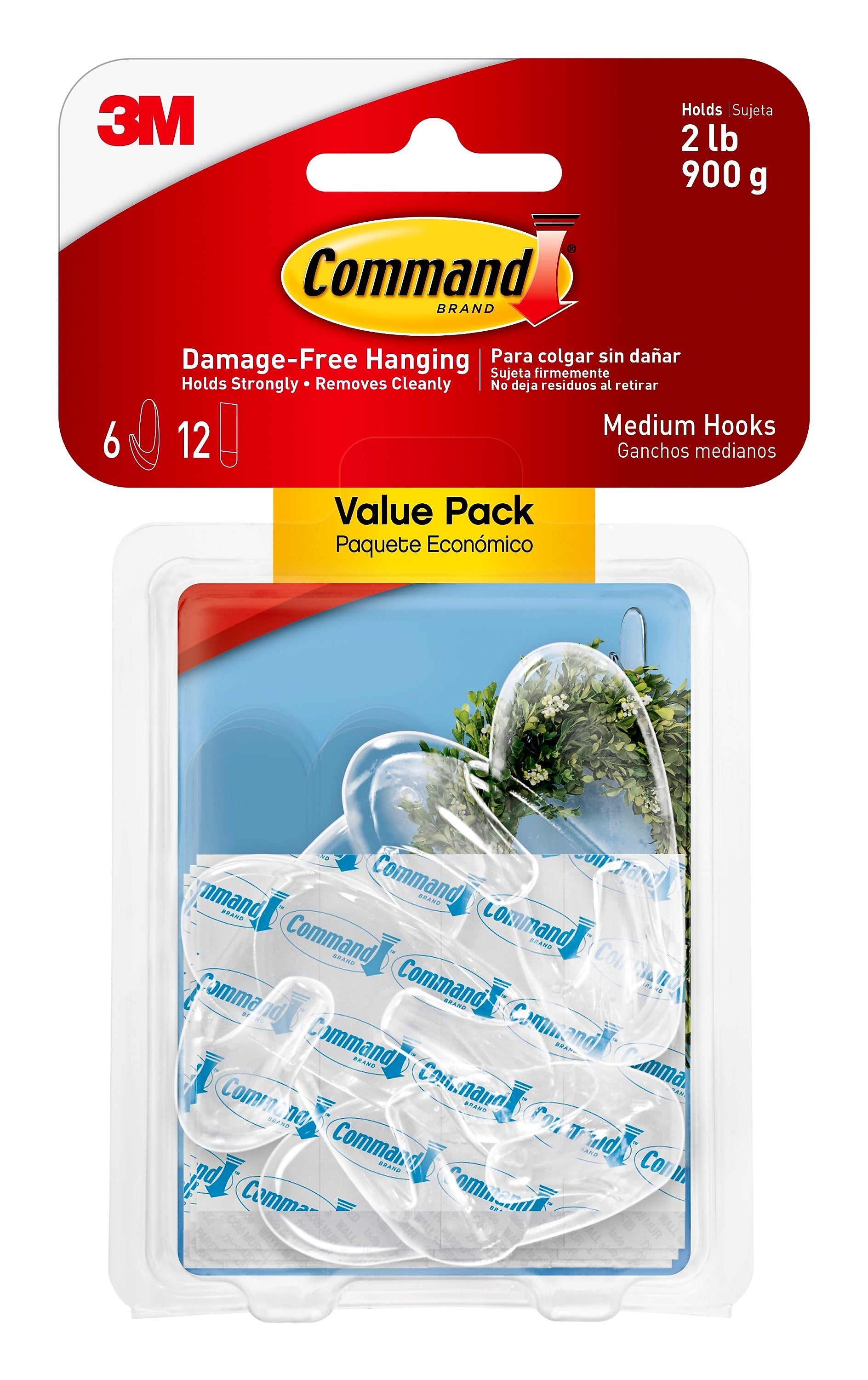 Command Medium Hooks, 2 lb., Clear, 6/Pack (17091CLR-6ES)