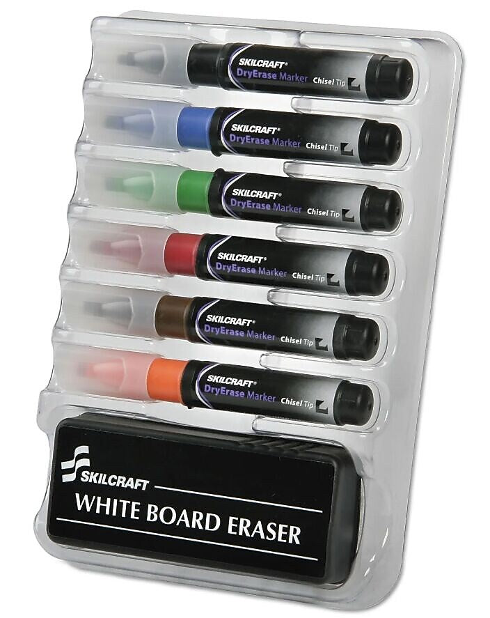 AbilityOne Skilcraft Dry Erase Marker Kit with Organizer, Chisel Tip, Assorted, 6/Kit (NSN3527321)