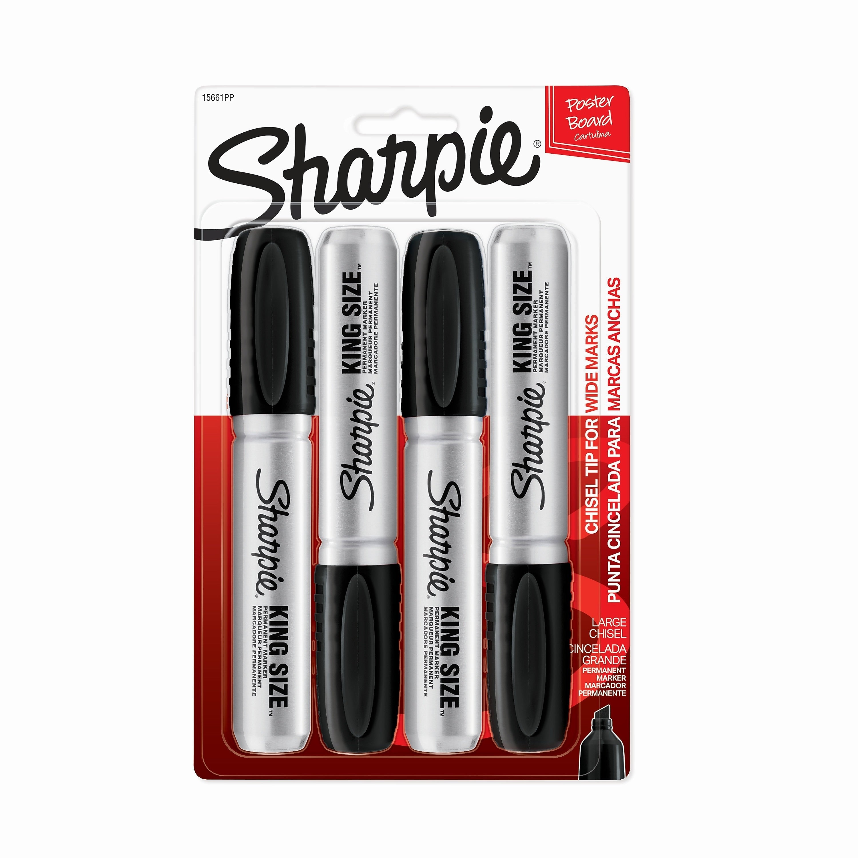 Sharpie King Size Permanent Markers, Chisel Tip, Black, 4/Pack (15661)