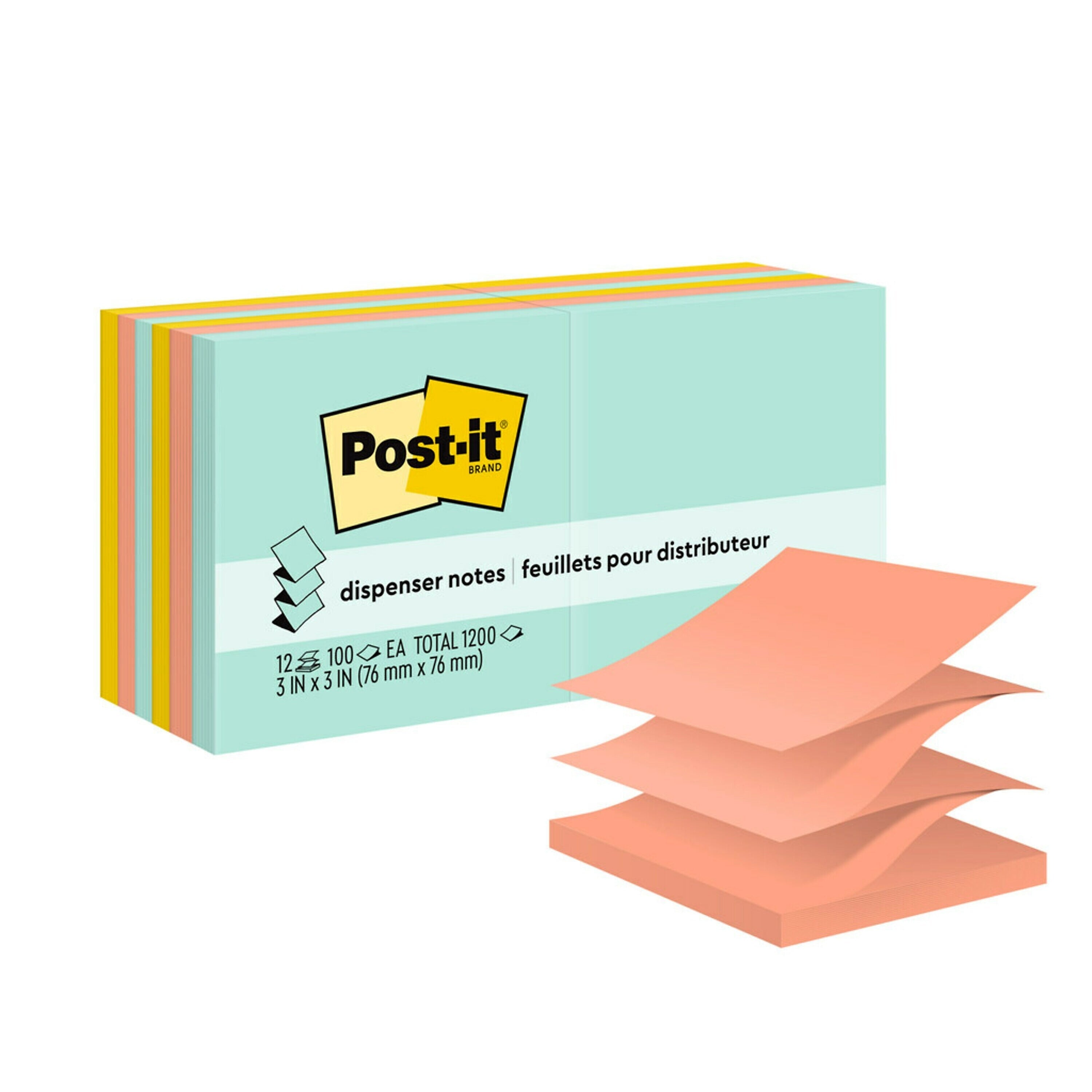 Post-it Pop-up Notes, 3" x 3", Beachside Café Collection, 100 Sheet/Pad, 12 Pads/Pack (R33012AP)