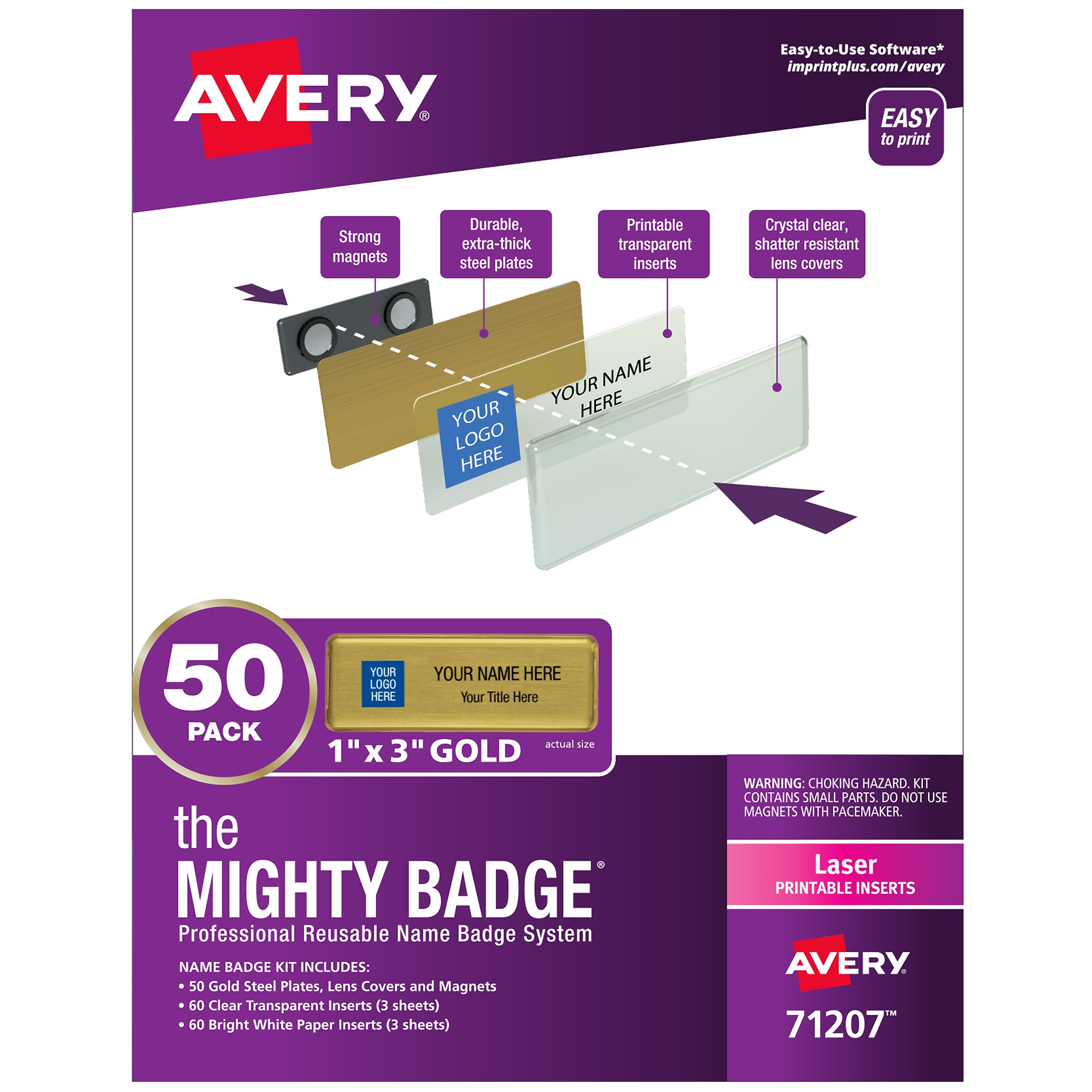 Avery The Mighty Badge Laser Reusable  Magnetic Name Badge System, 1" x 3", Gold, 120 Inserts, 50/Pack (71207)
