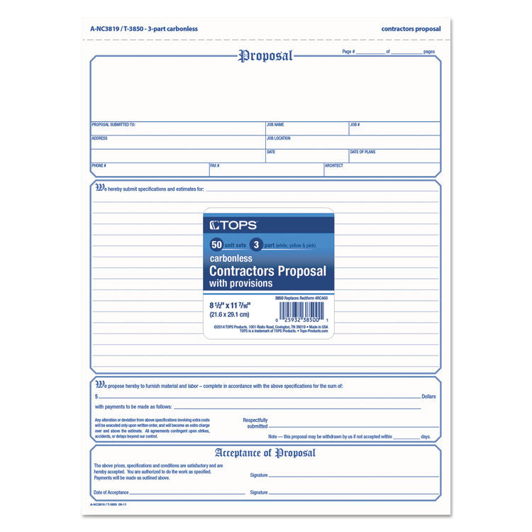 Proposal Form, Three-Part Carbonless, 11 x 8.5, 50 Forms Total