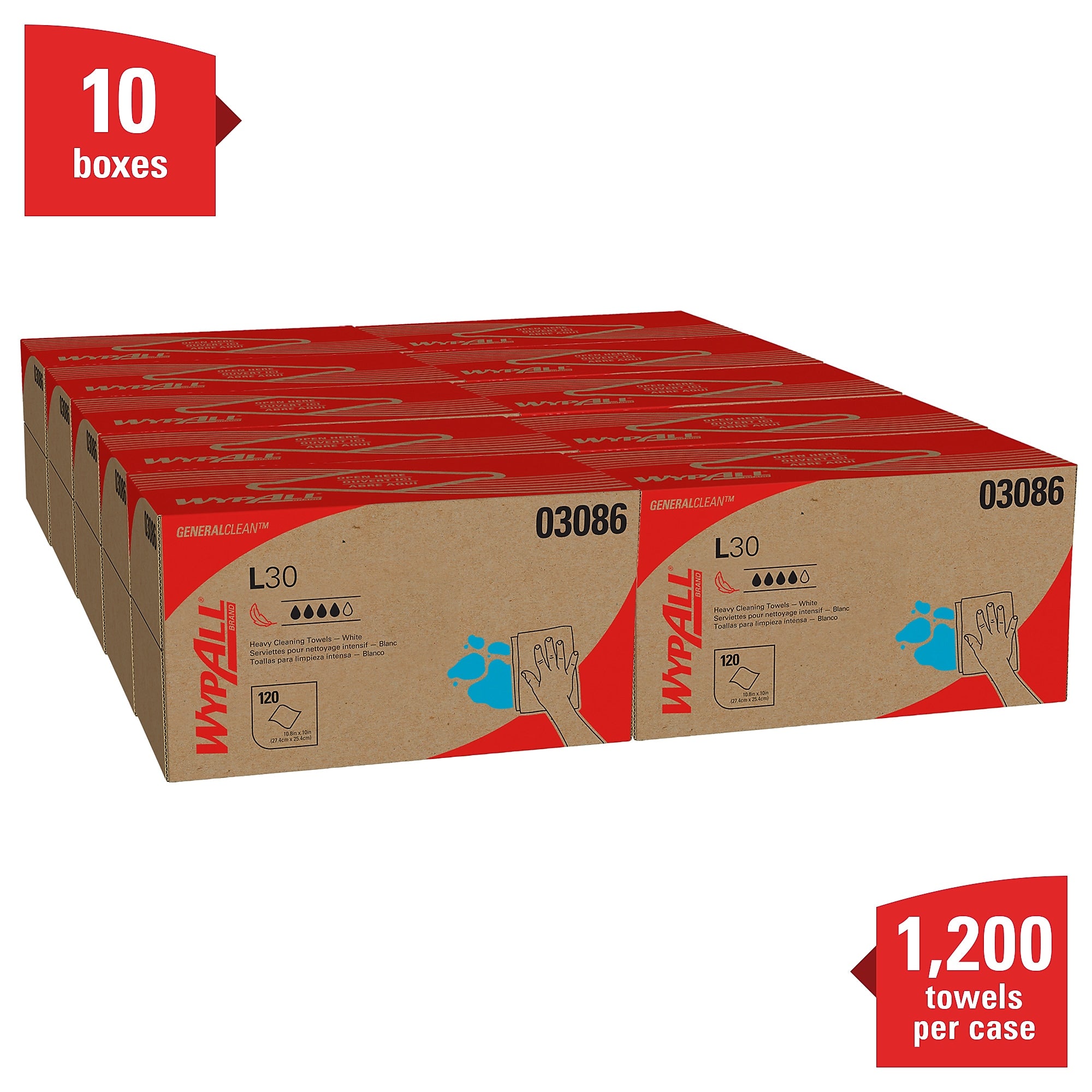 WypAll GeneralClean L30 Cleaning Cloths, 10" x 10.8", White, 12 Sheets/Box, 10 Boxes/Carton (03086)