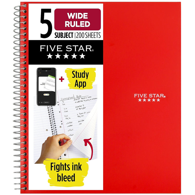 Five Star 5-Subject Subject Notebooks, 8" x 10.5", Wide Ruled, 200 Sheets, Each (51016)