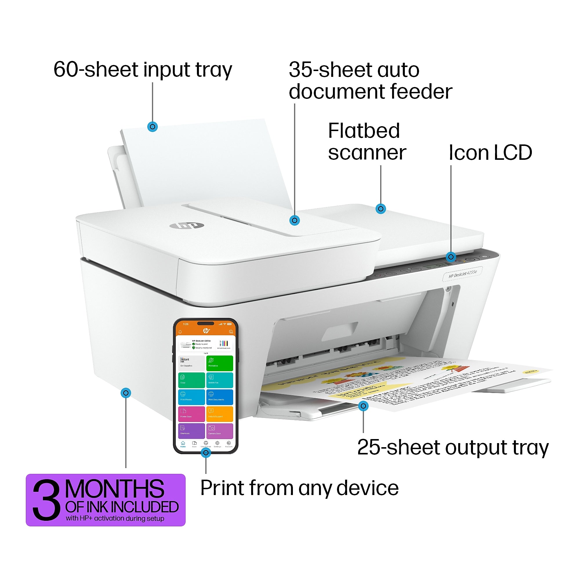 HP DeskJet 4255e Wireless Color All-In-One Inkjet Printer, Print, Scan, Copy, Best for Home, 3 Months FREE Ink (588S6A)
