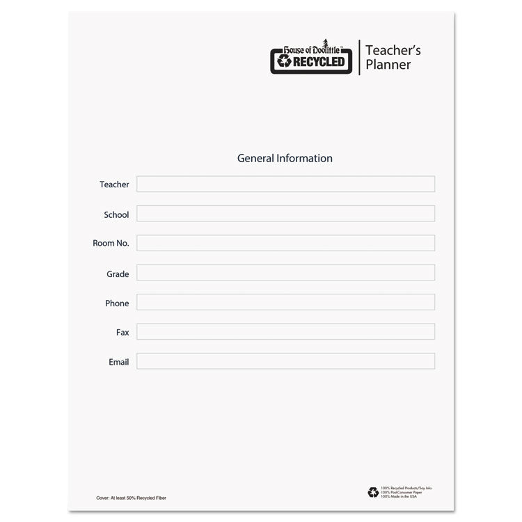 Recycled Teacher's Planner, Weekly, Two-Page Spread (seven Classes), 11 X 8.5, Blue Cover