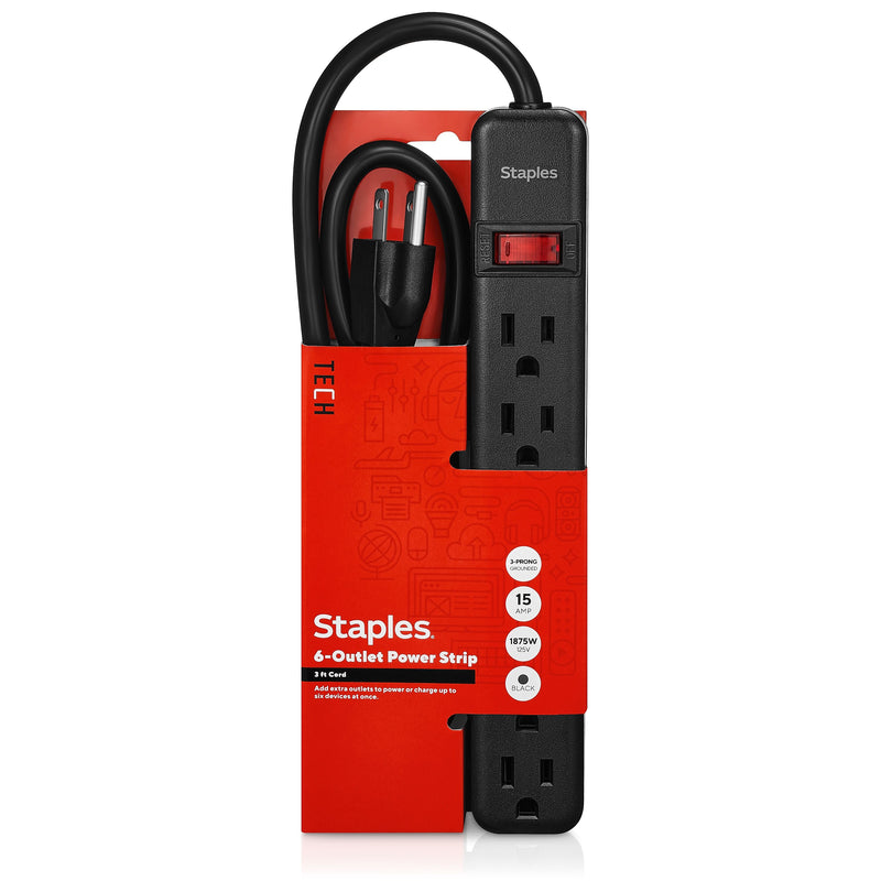 Staples TECH 6-Outlet Power Strip, 3' Cord, Black (22148)