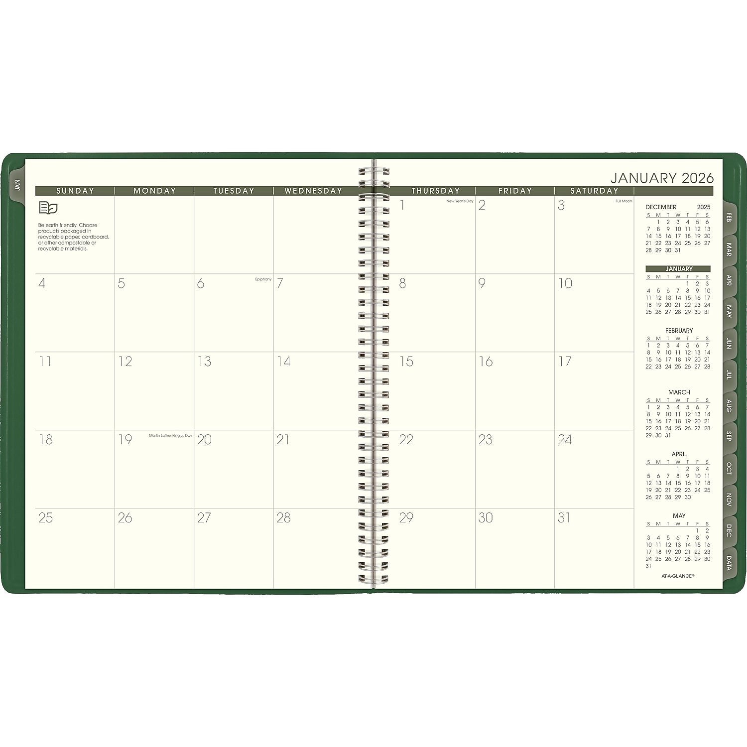 2026 AT-A-GLANCE Recycled 9" x 11" Monthly Planner, Faux Leather Cover, Green (70-260G-60-26)