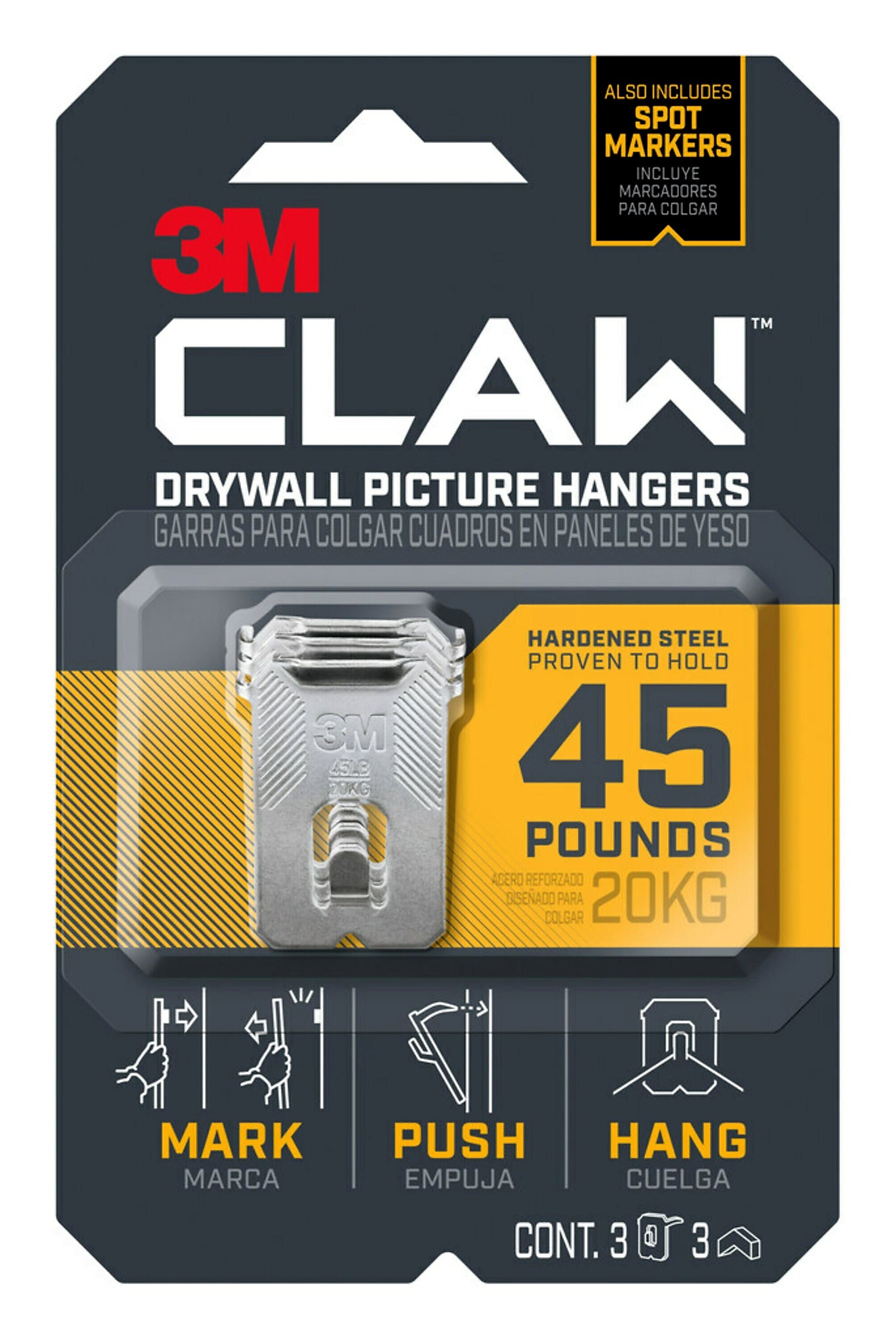 3M CLAW Jumbo Picture Hanger, 45 lb, Silver, 3/Pack (3PH45M-3ES)